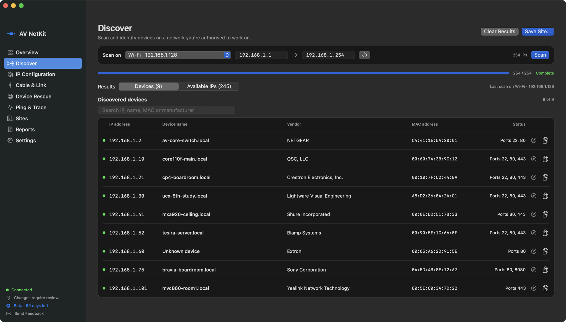 AV NetKit Discover view: a completed scan of 192.168.1.1 to 254 listing nine AV devices with their names, vendors, MAC addresses and open ports.