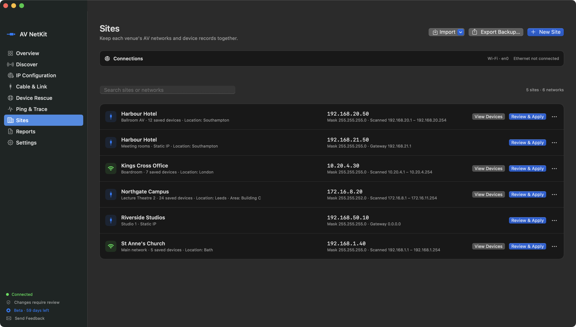 AV NetKit Sites view listing six saved networks across five venues, each with this Mac's IP, scan range and saved devices.